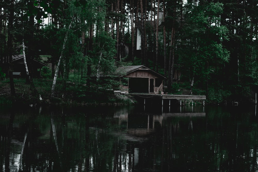 a small cabin sits on the edge of a lake
