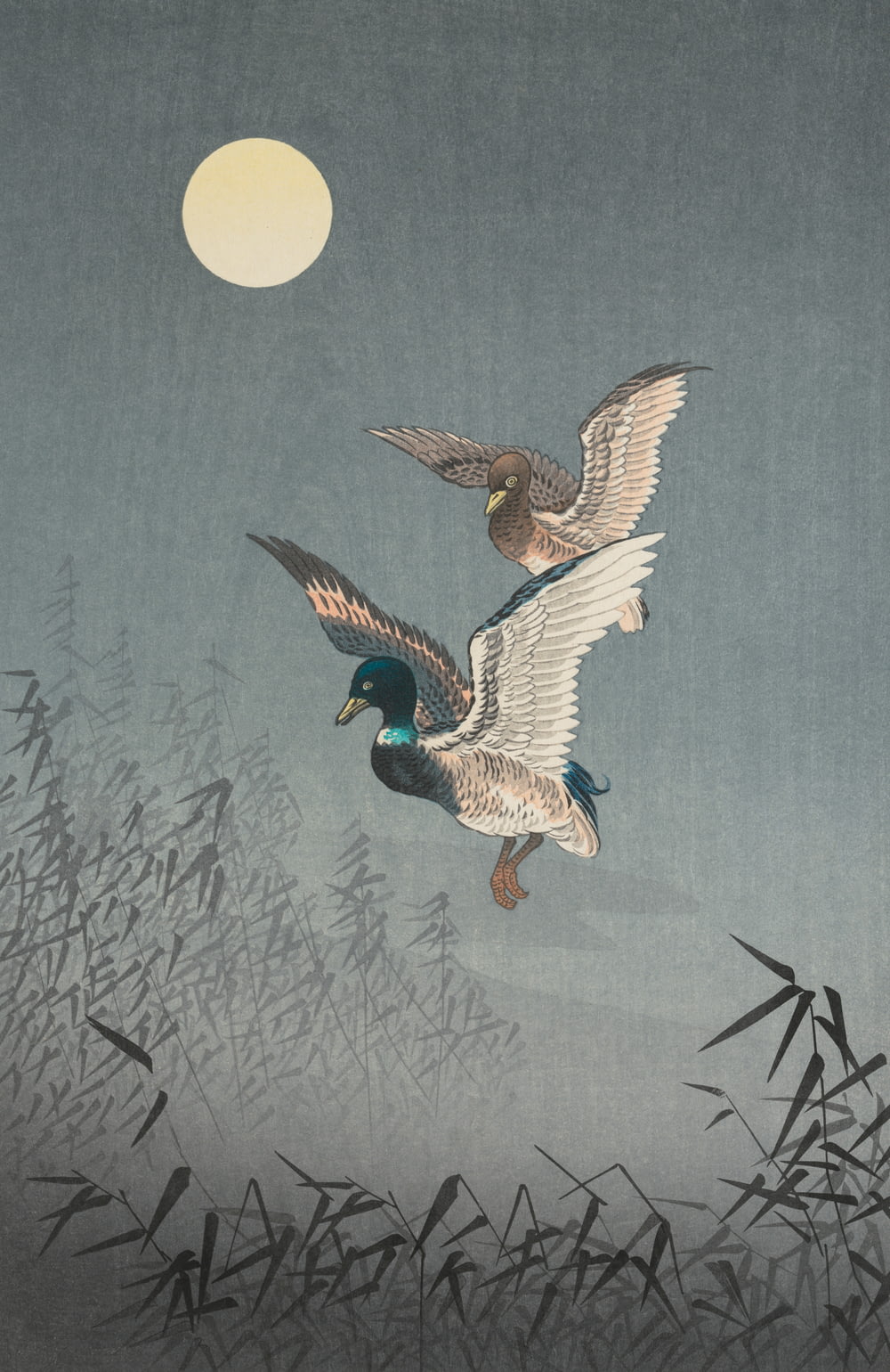 a painting of two birds flying in the sky