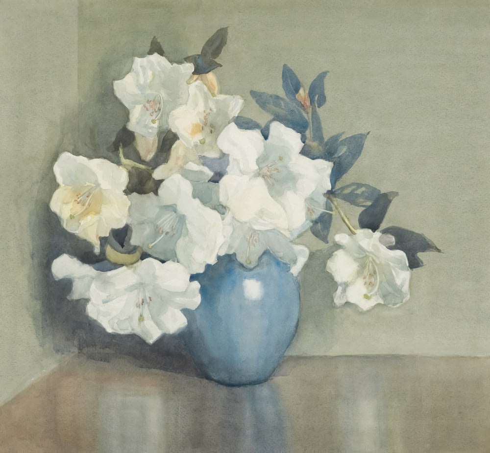 a painting of white flowers in a blue vase
