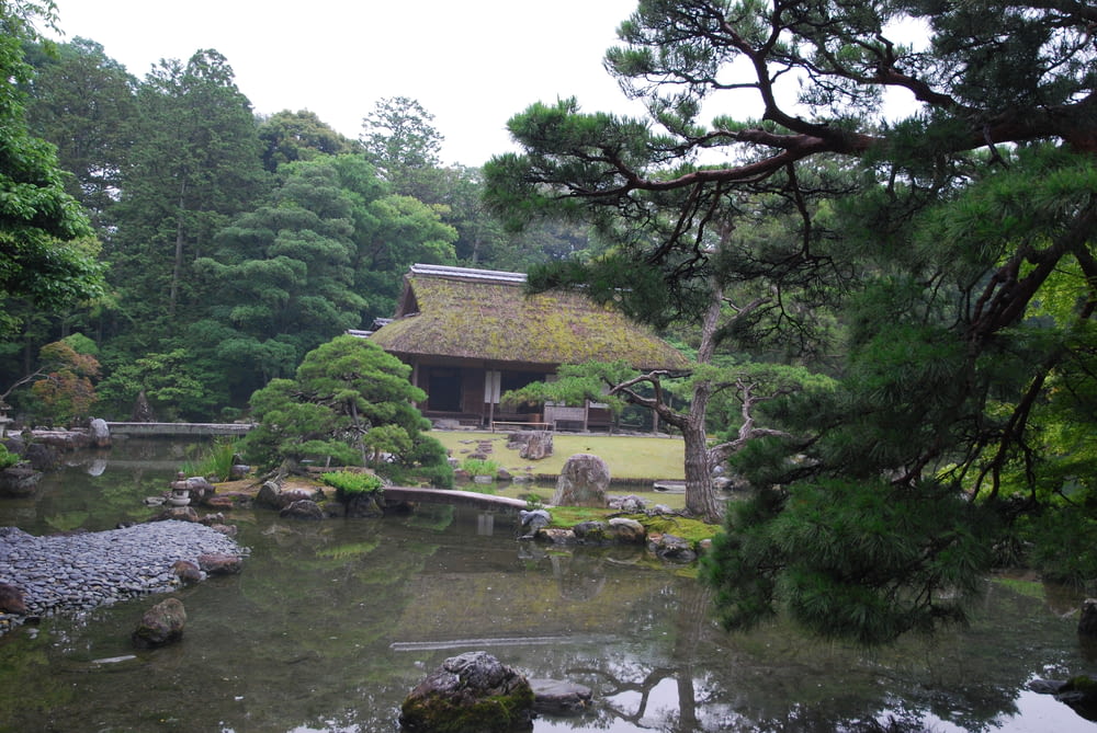 a japanese garden with a pond and a house