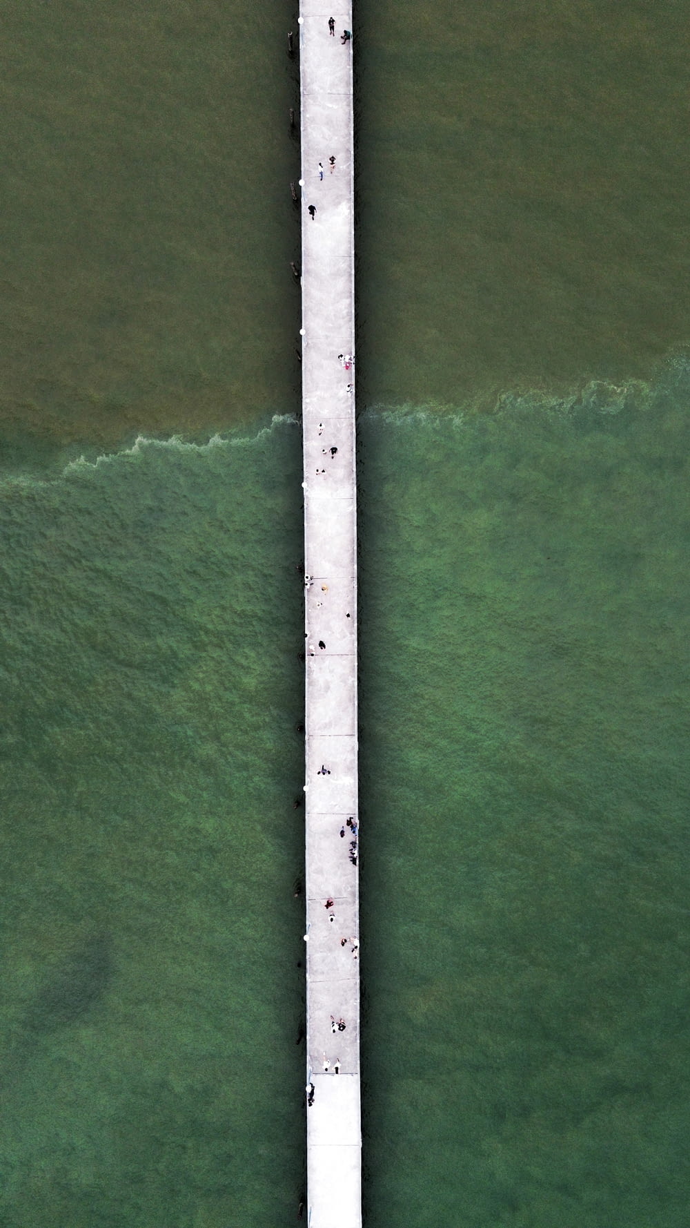 a group of people standing on a pier in the water