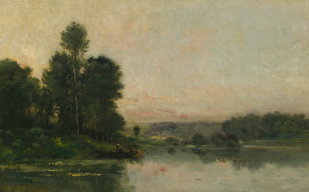 a painting of a body of water with trees in the background
