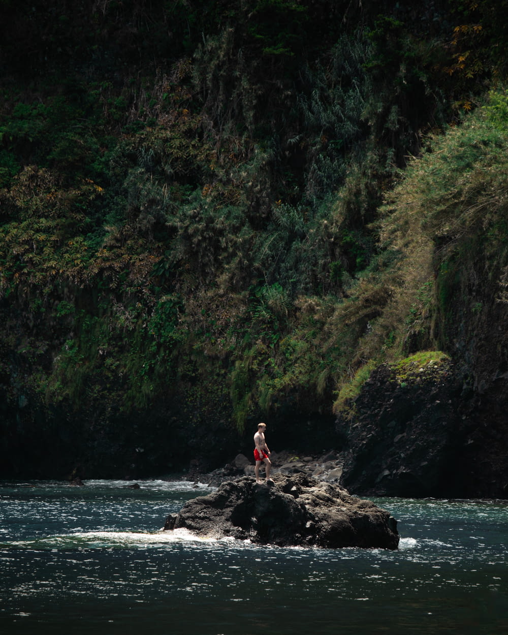 une personne debout sur un rocher au milieu d’une rivière