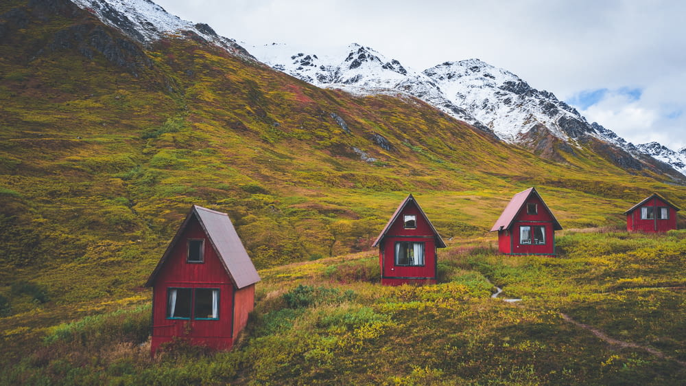 a group of red cabins sitting on top of a lush green hillside
