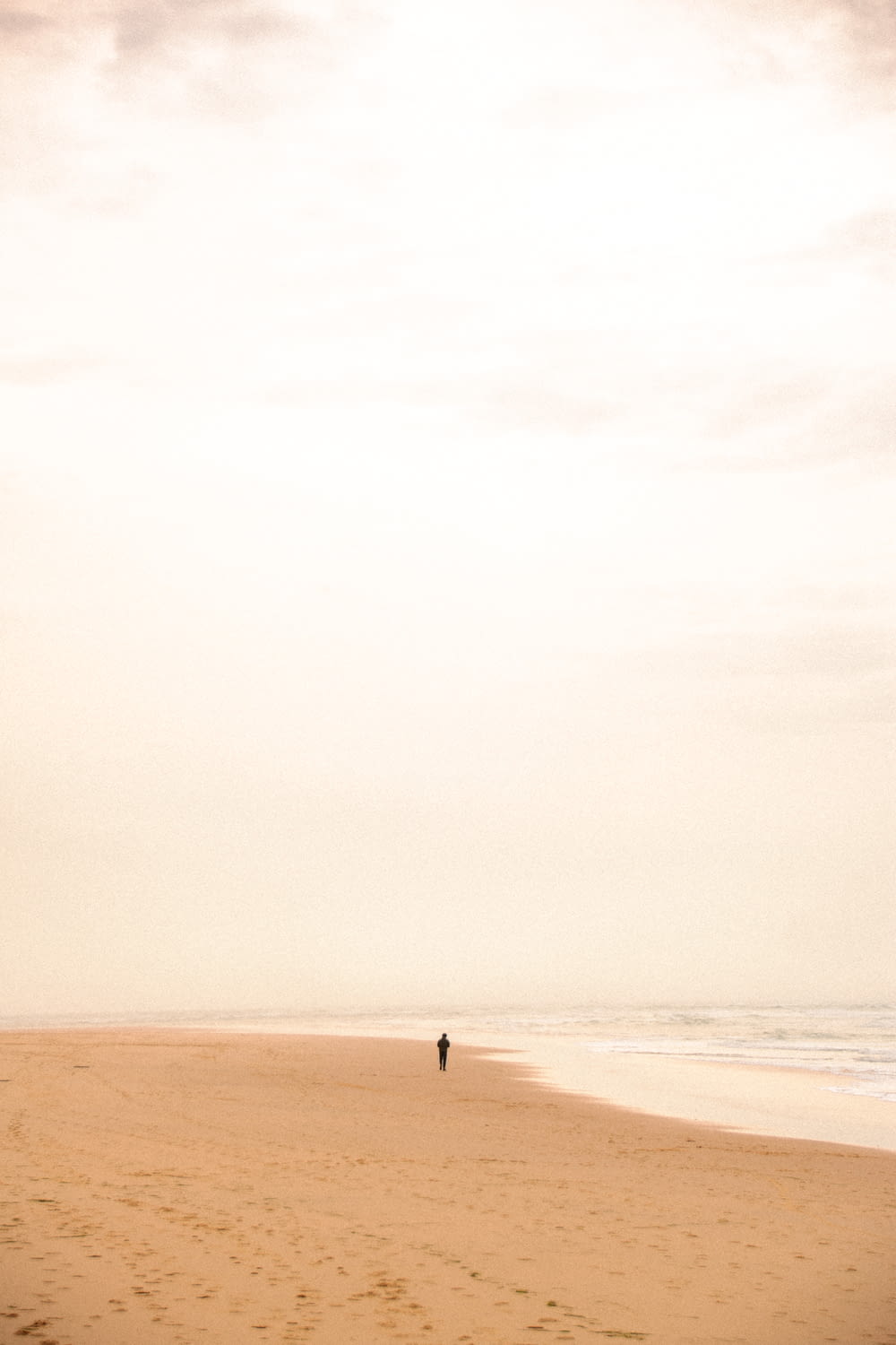 a lone person walking on a beach near the ocean