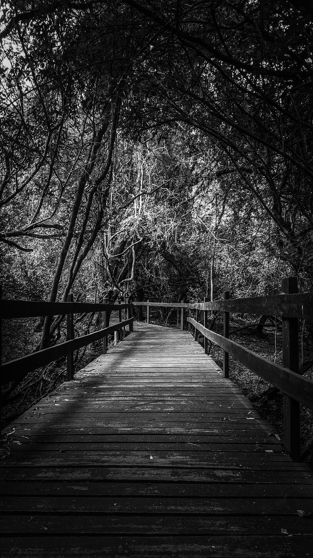 ein Schwarz-Weiß-Foto einer Holzbrücke