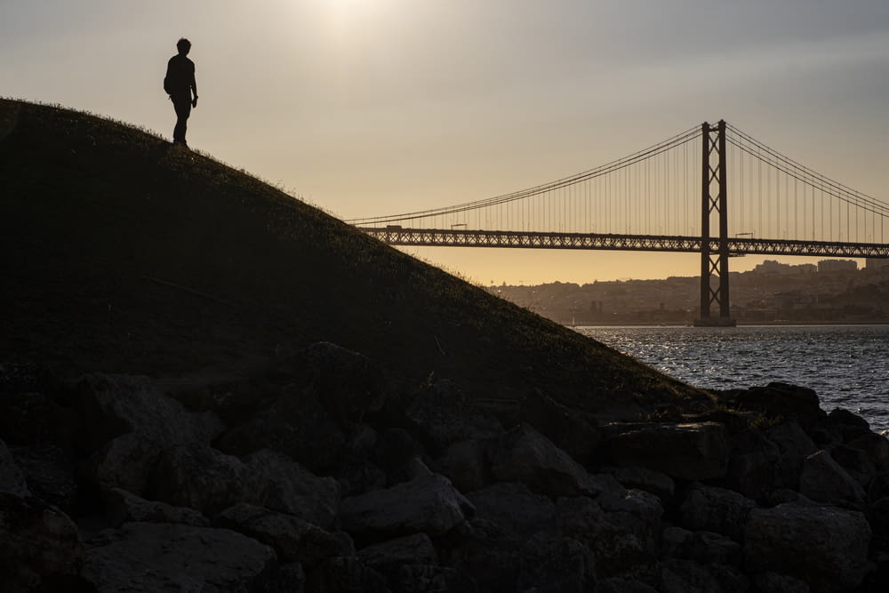 a person standing on a hill next to a bridge