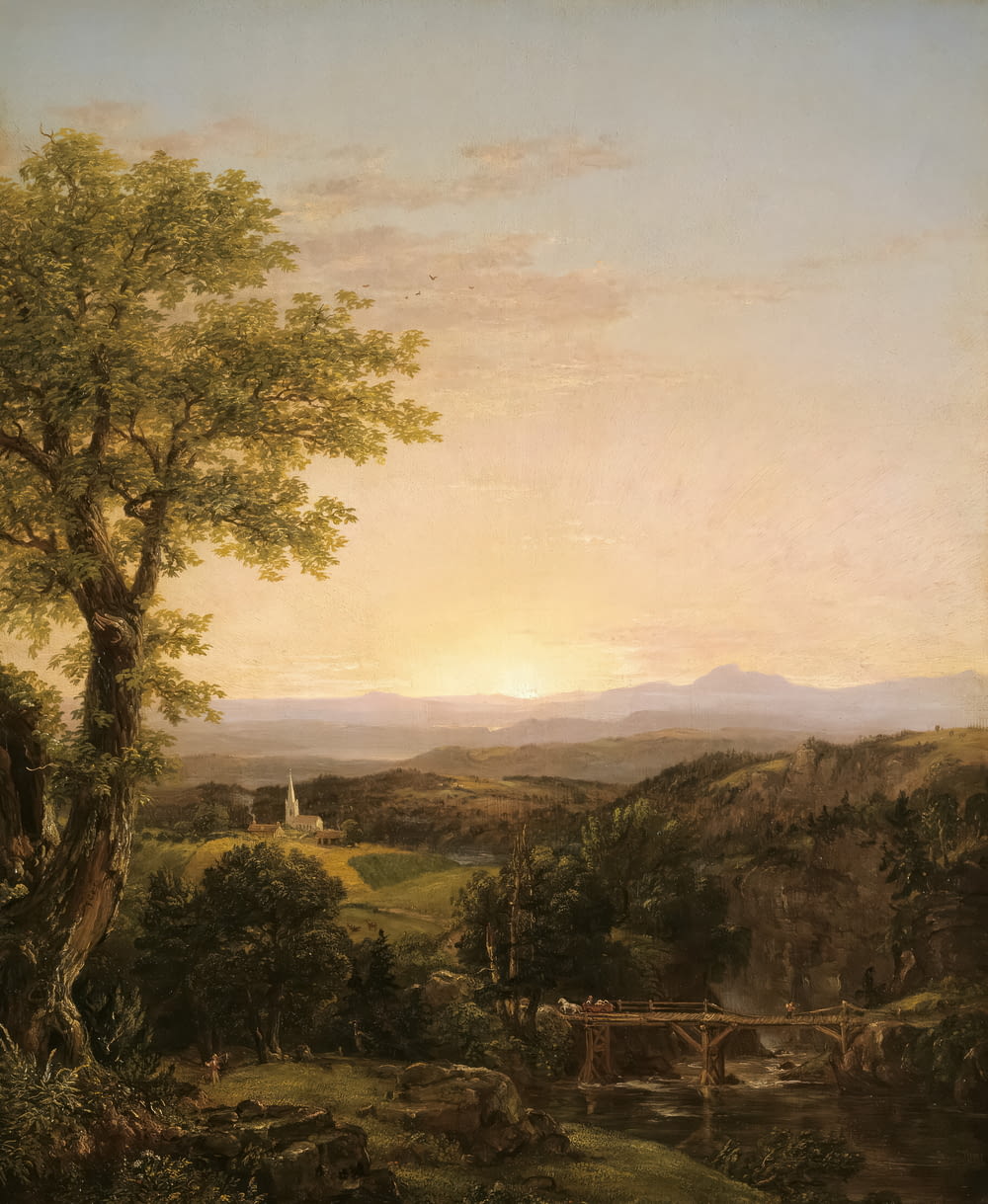 a painting of a landscape with a bridge