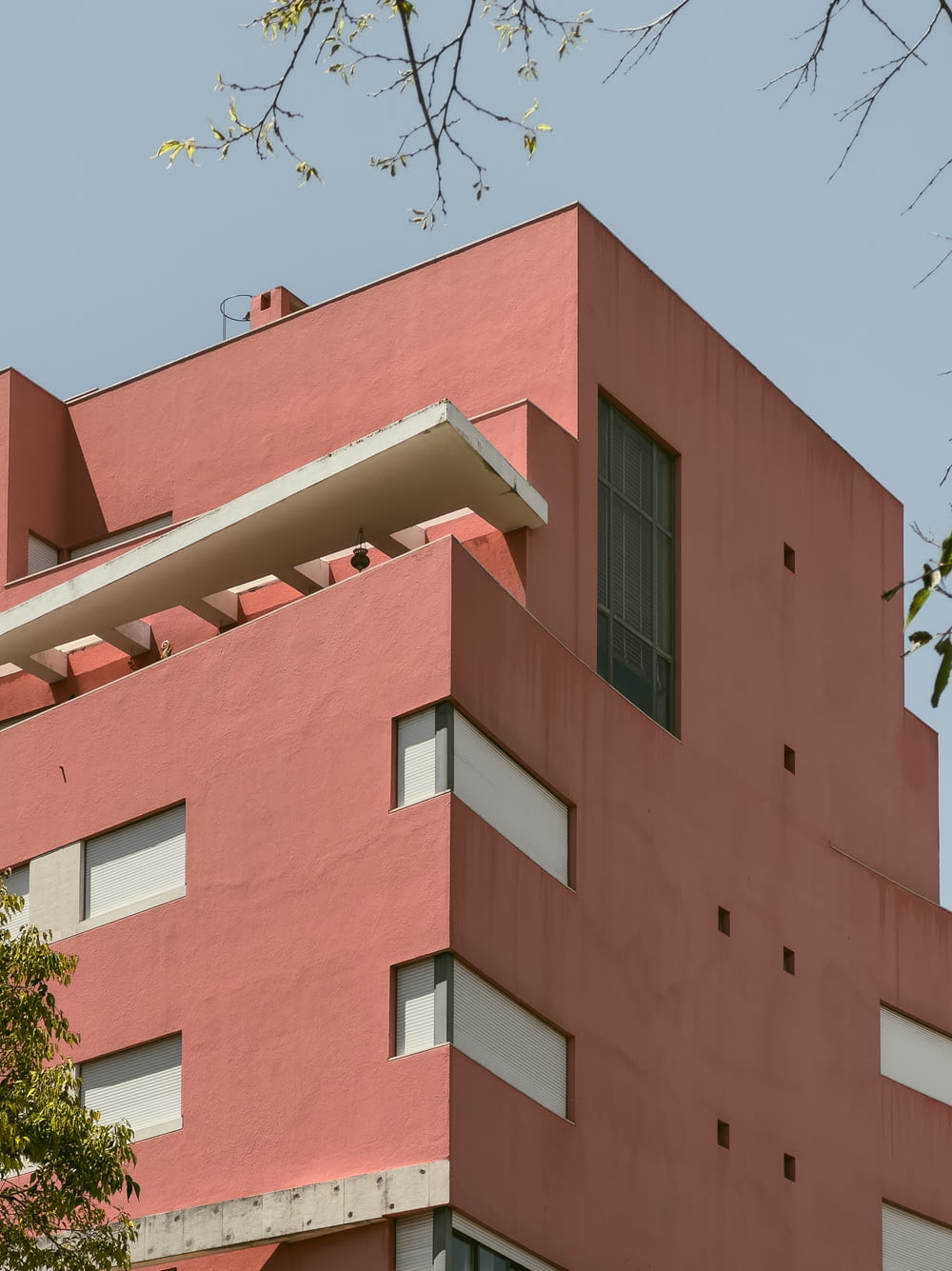a pink building with a tree in front of it