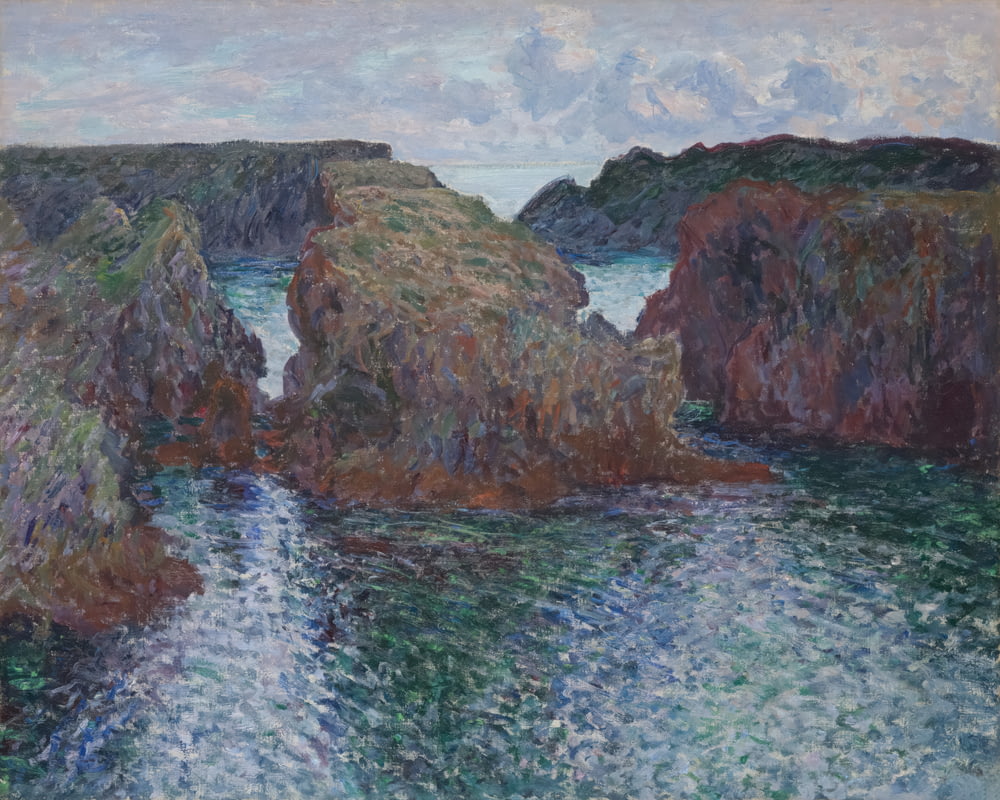 a painting of a body of water surrounded by rocks