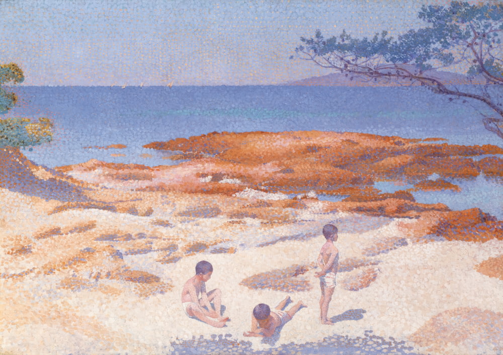 a painting of two children playing on the beach
