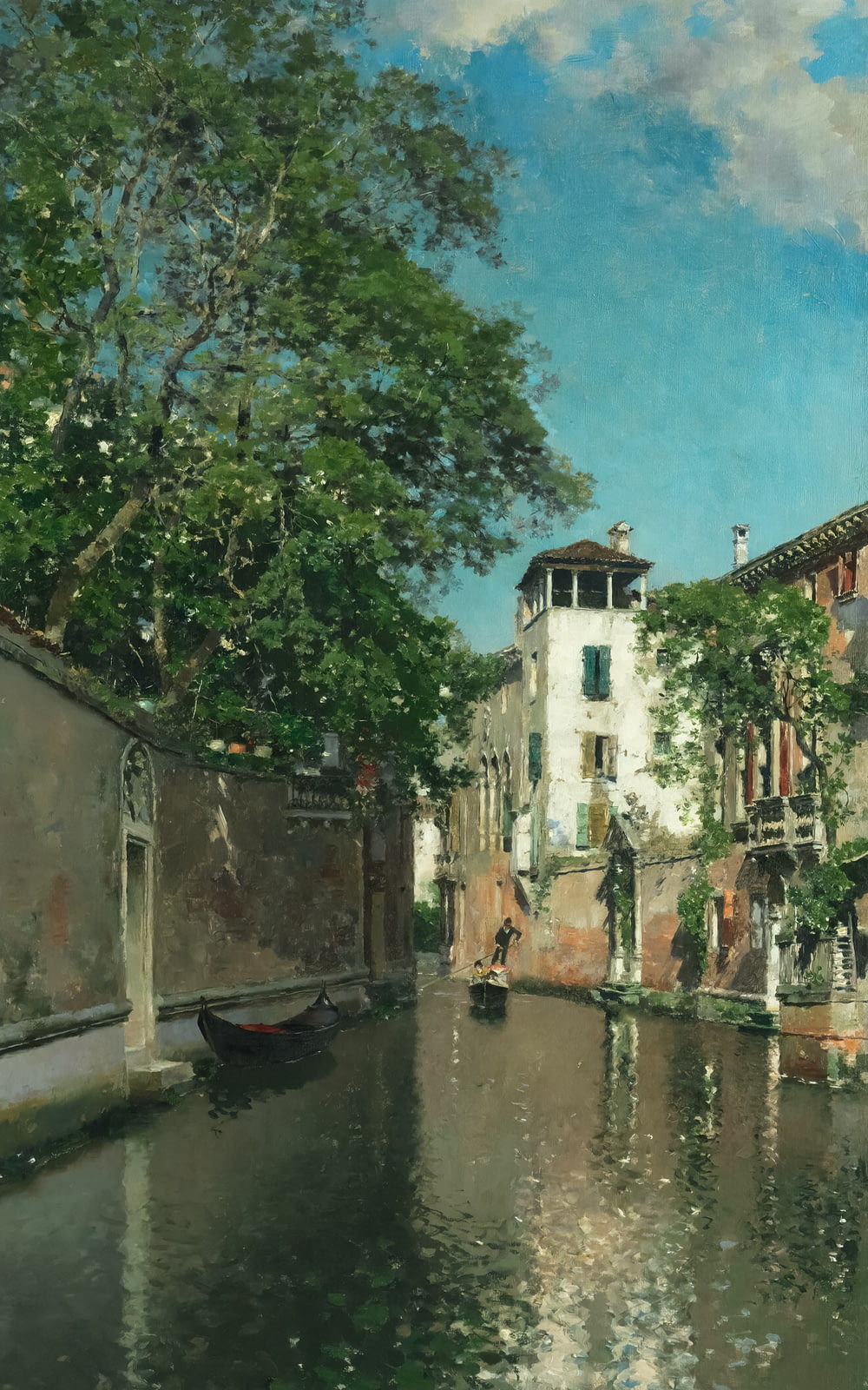 a painting of a canal with a building in the background