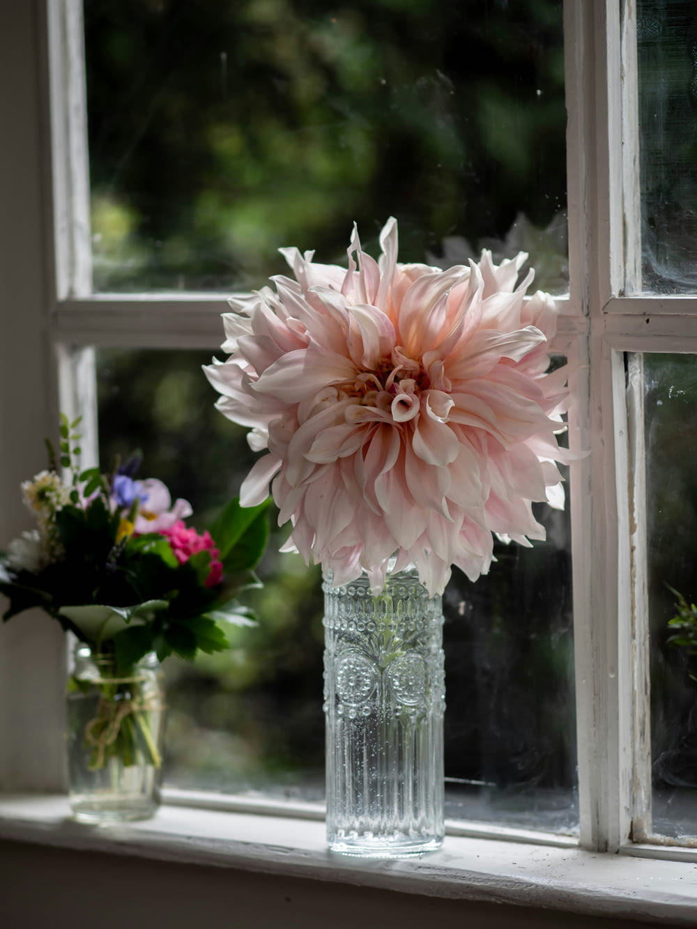 a pink flower in a vase sitting on a window sill