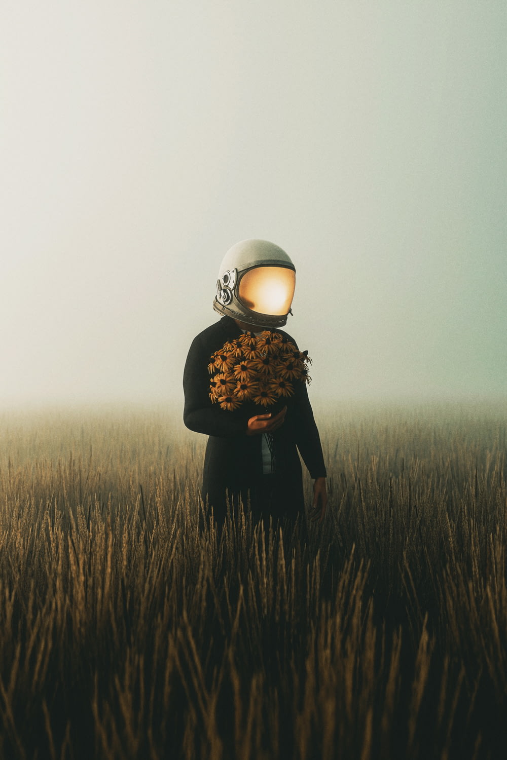 a person in a field with a light on their head