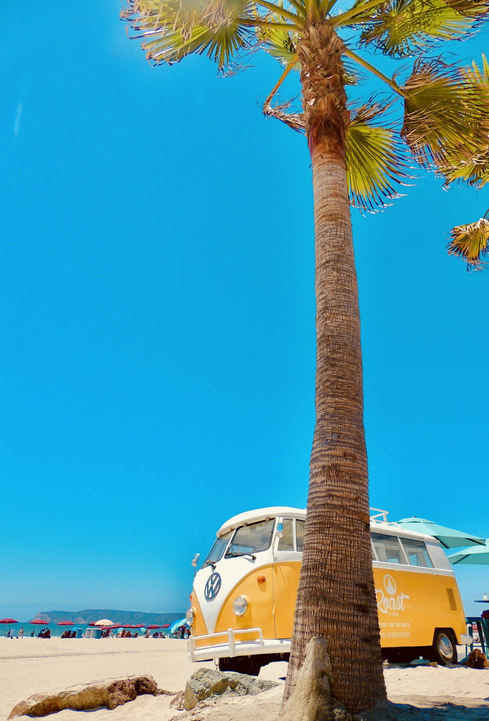 a yellow vw bus parked next to a palm tree