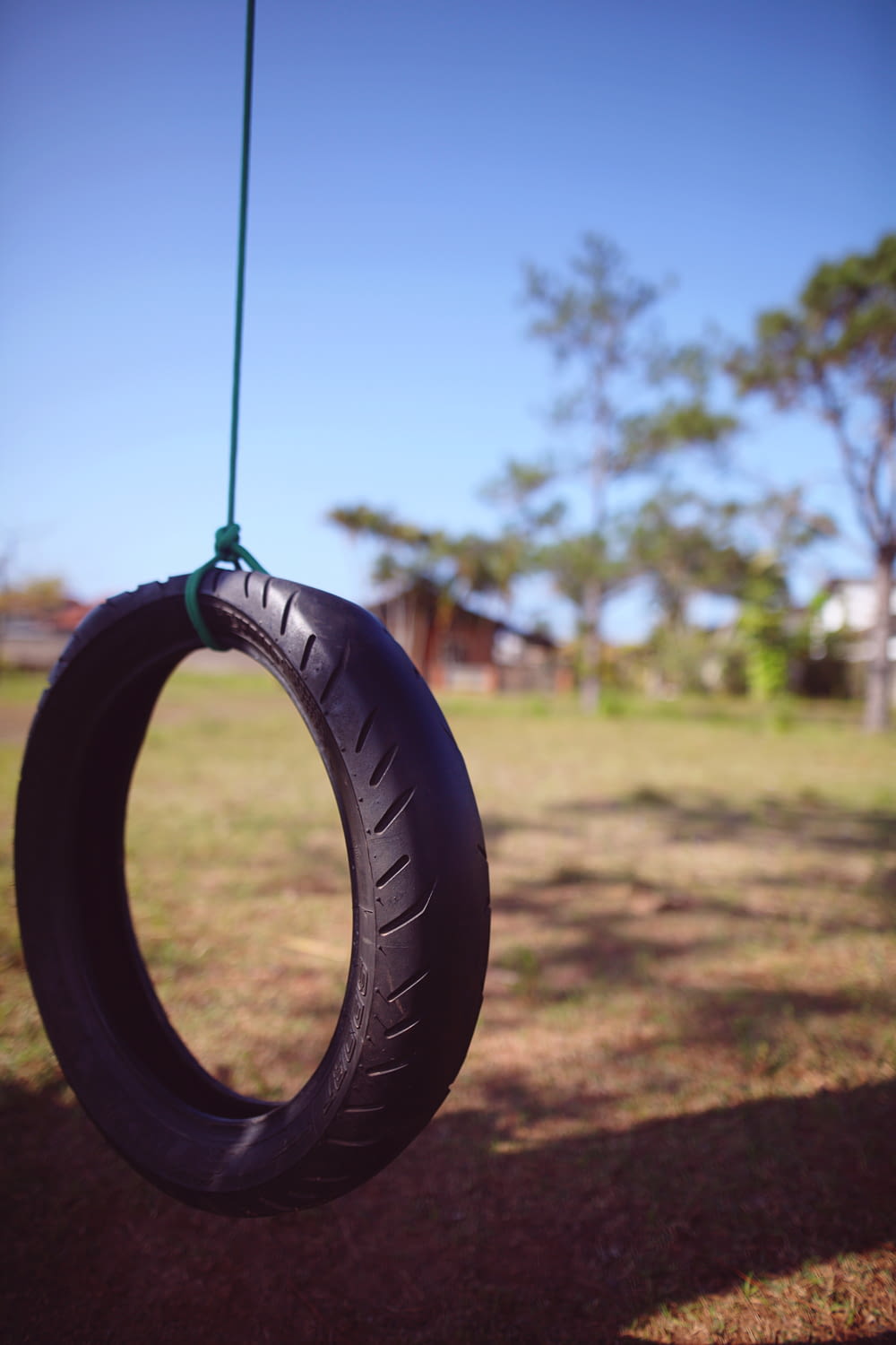 a tire hanging from a rope in a field