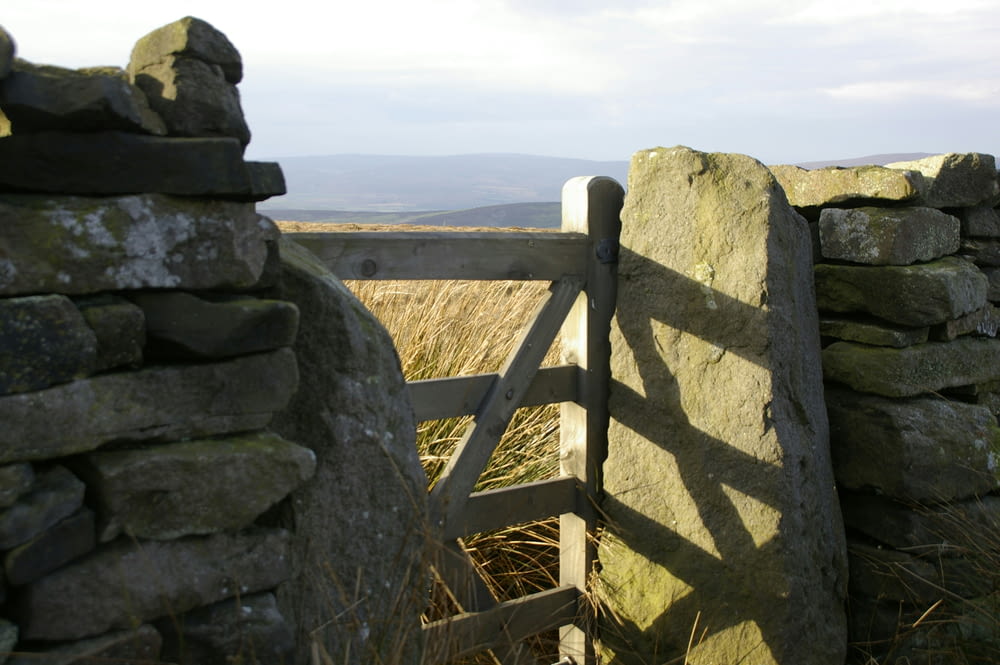 a stone wall with a wooden gate on top of it