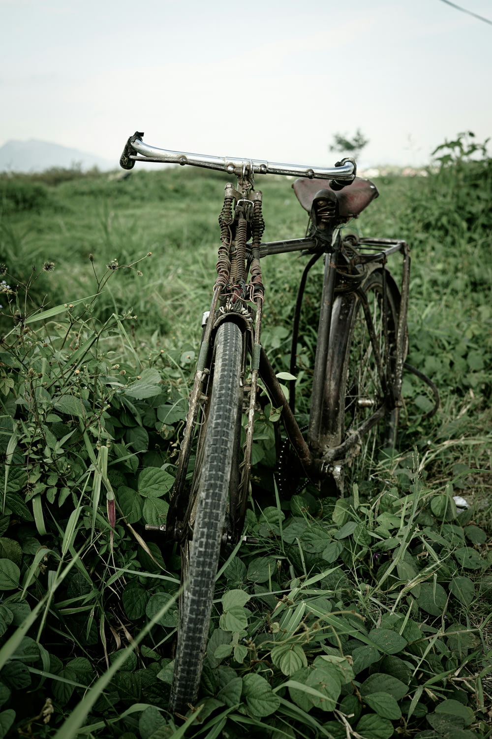 an old bicycle is sitting in the grass
