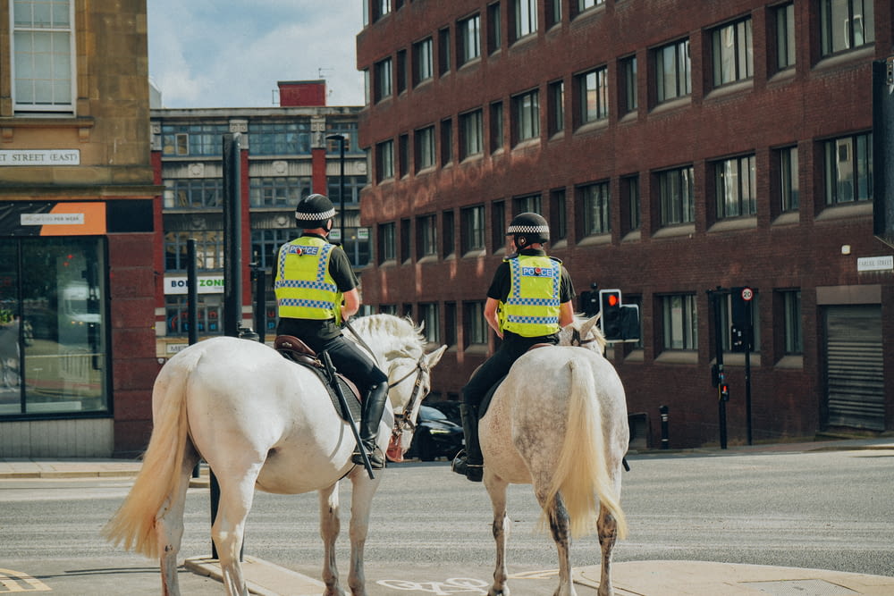 two police officers riding horses on a city street