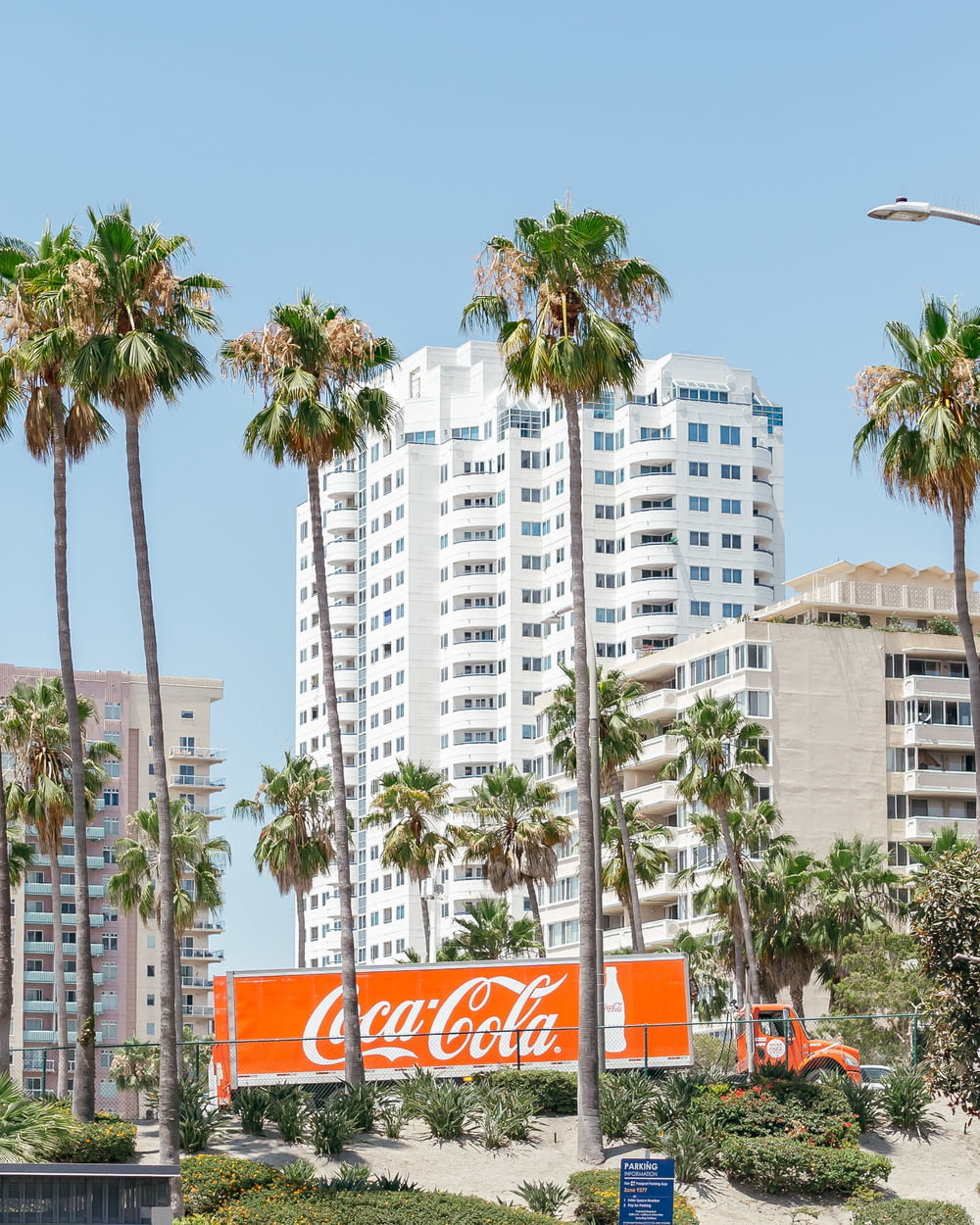a coca - cola sign in front of palm trees and buildings
