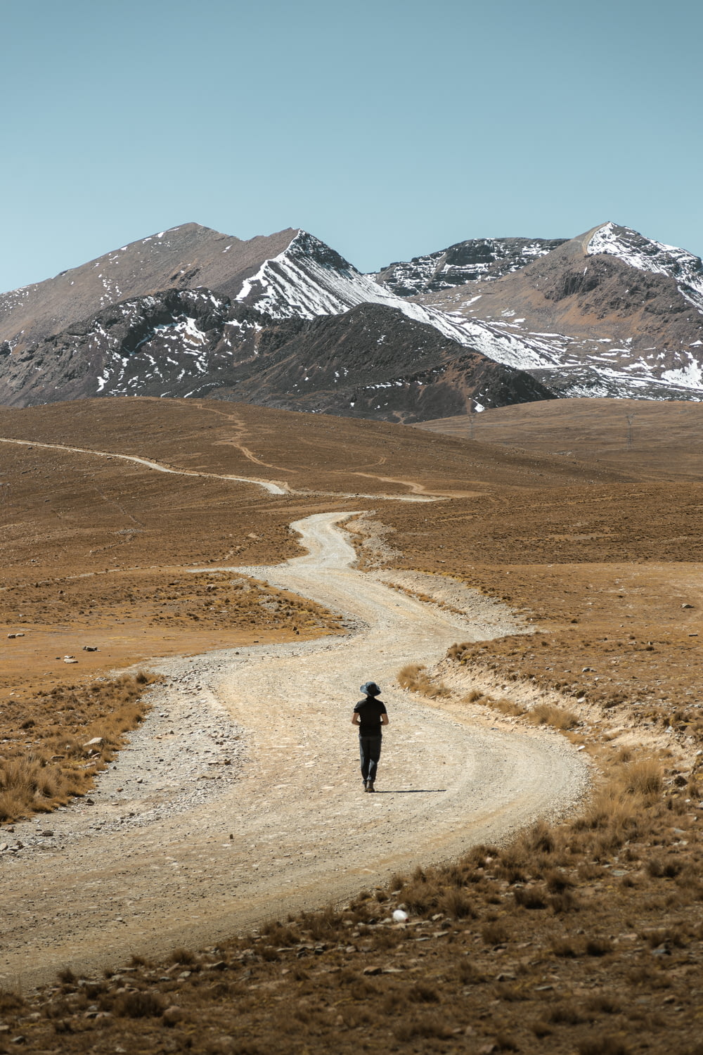 Una persona che cammina lungo una strada sterrata in montagna