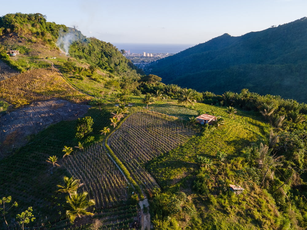 an aerial view of a farm in the mountains