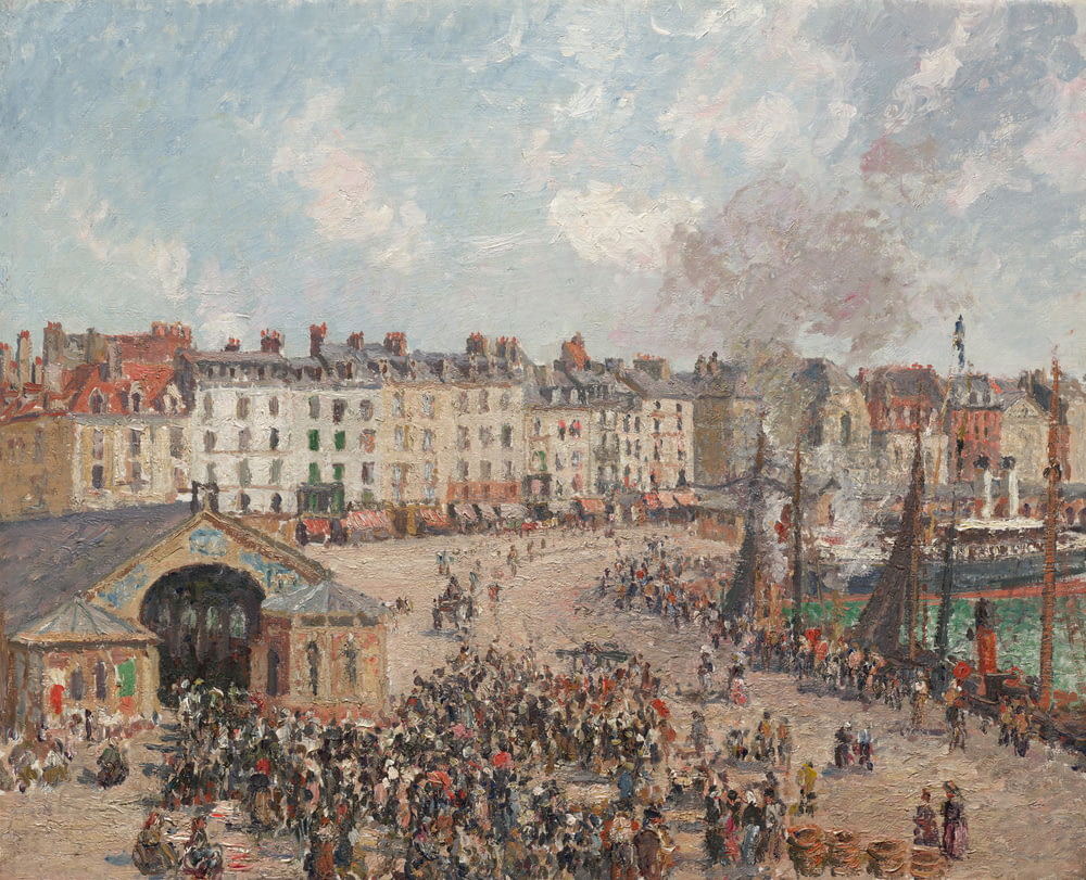 a painting of a busy city street with a crowd of people