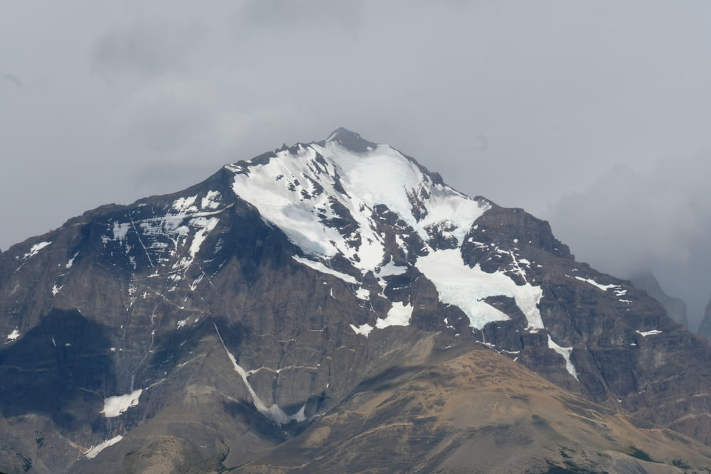 a large mountain covered in snow on a cloudy day