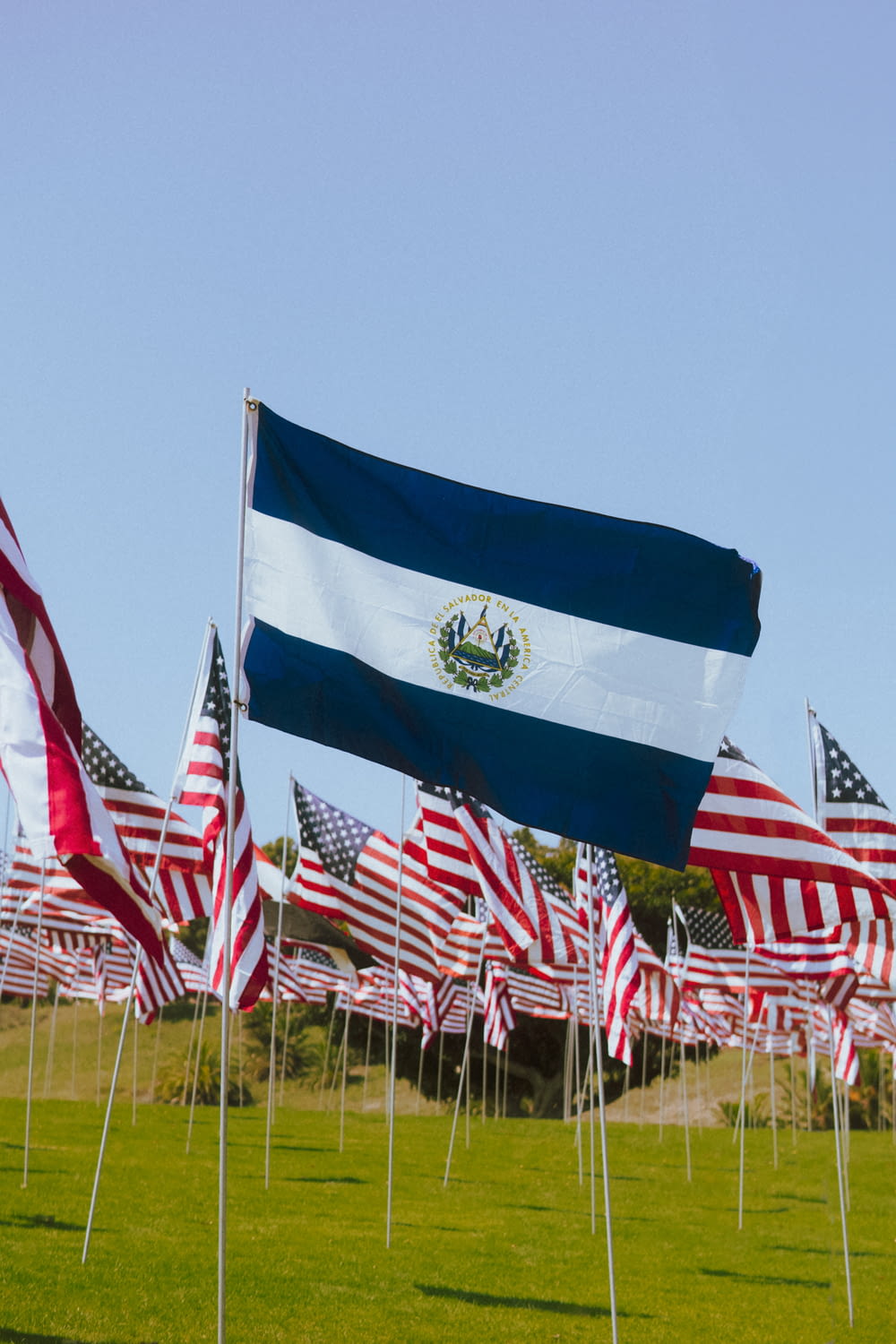 a field full of american and guatemalan flags