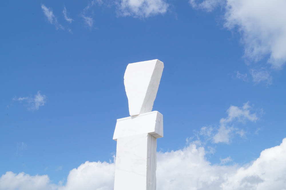 a large white sculpture sitting on top of a lush green field