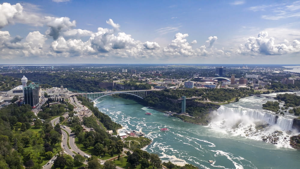 a view of niagara falls and the falls from a helicopter