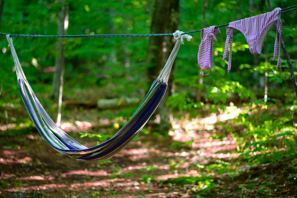 a hammock hanging from a rope in the woods