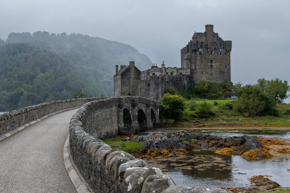 a stone bridge with a castle in the background