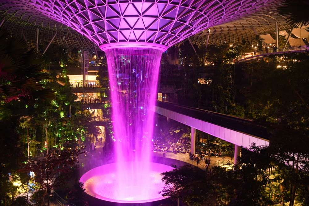 a purple fountain in the middle of a city at night