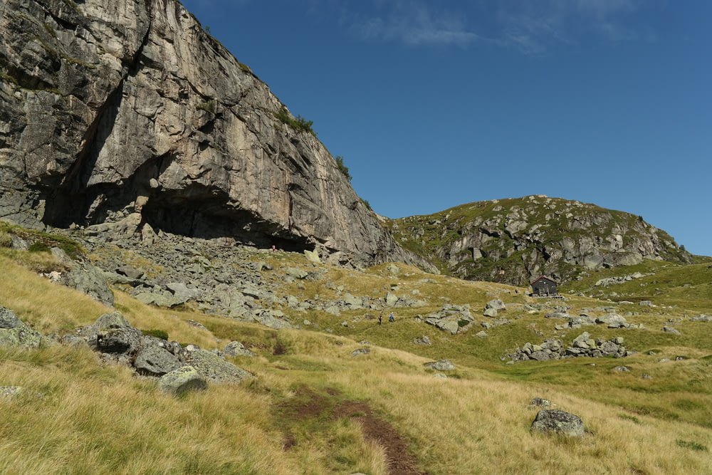 a grassy field with a large rock formation in the background