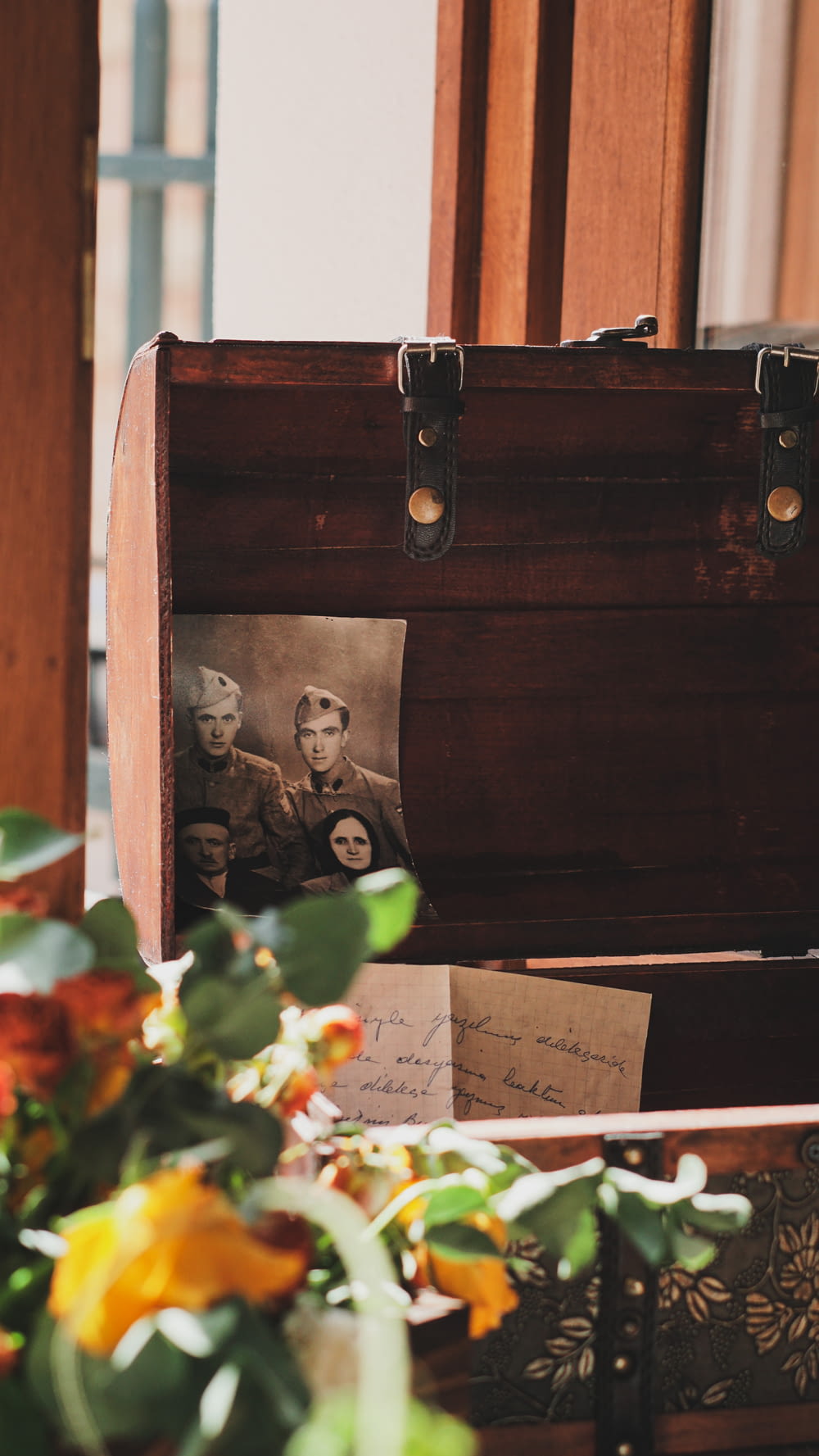 a wooden box with a picture of a man on it