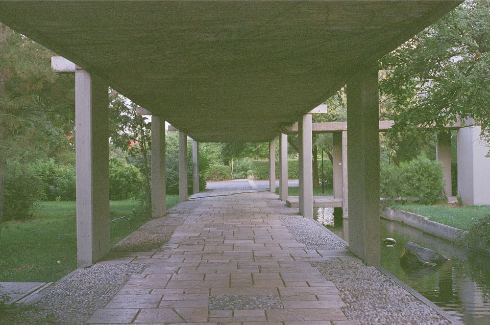 a walkway lined with columns next to a body of water