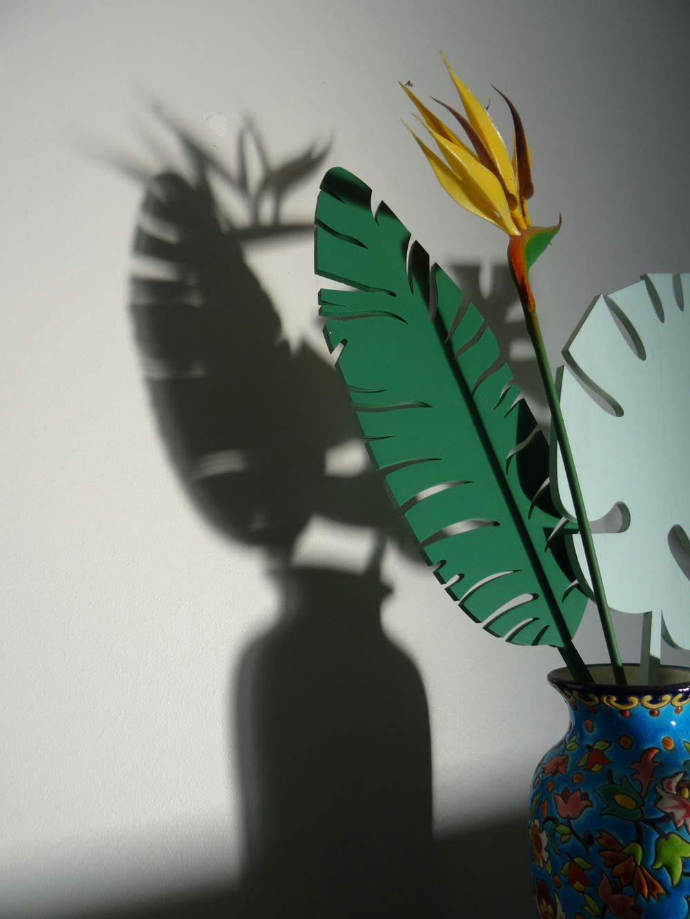 a shadow of a plant and a clock on a wall