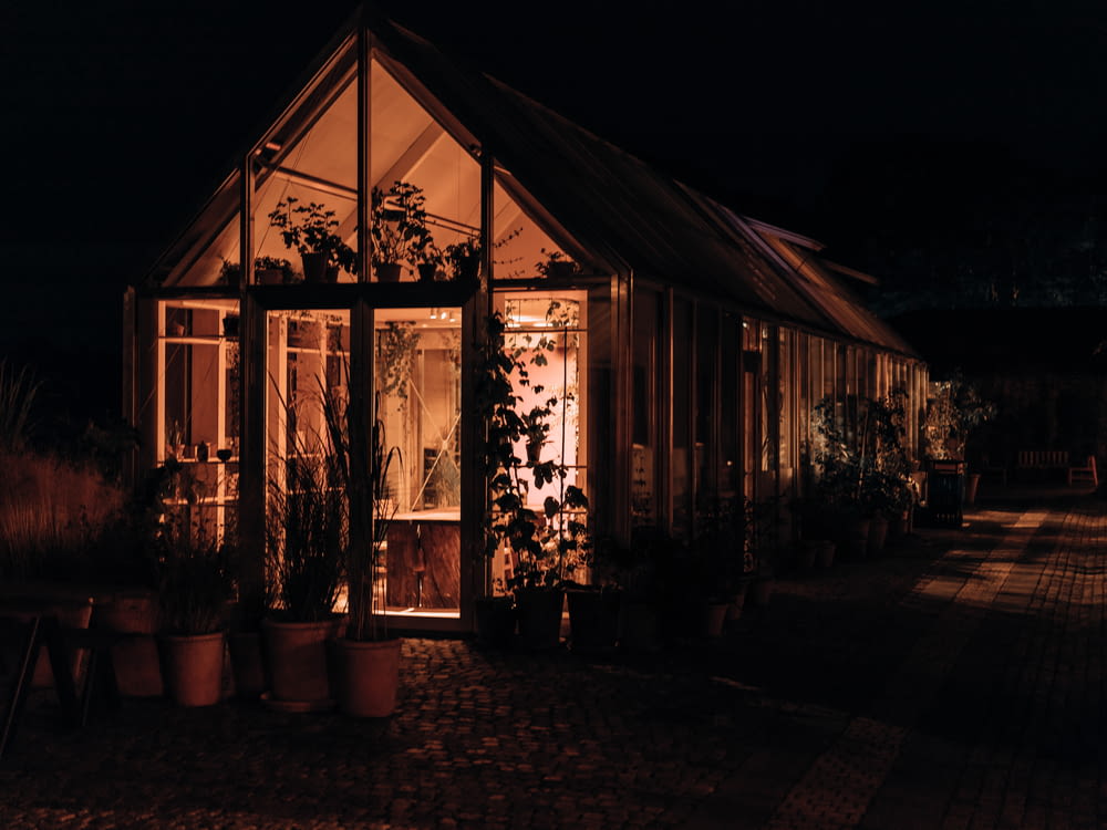 a lit up greenhouse at night with potted plants