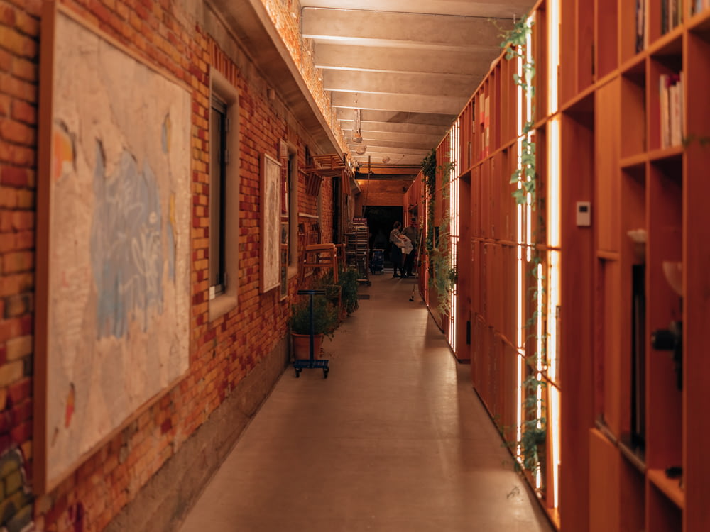 a long narrow hallway with a painting on the wall