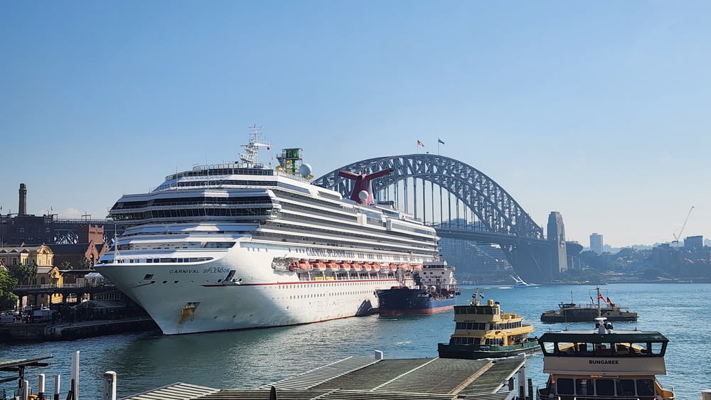 a cruise ship docked in a harbor with a bridge in the background