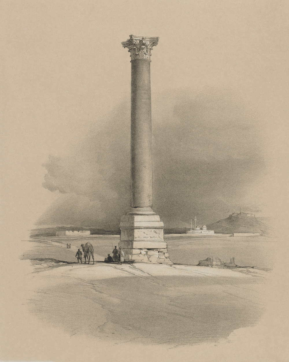 a drawing of a tall pillar in the middle of a field