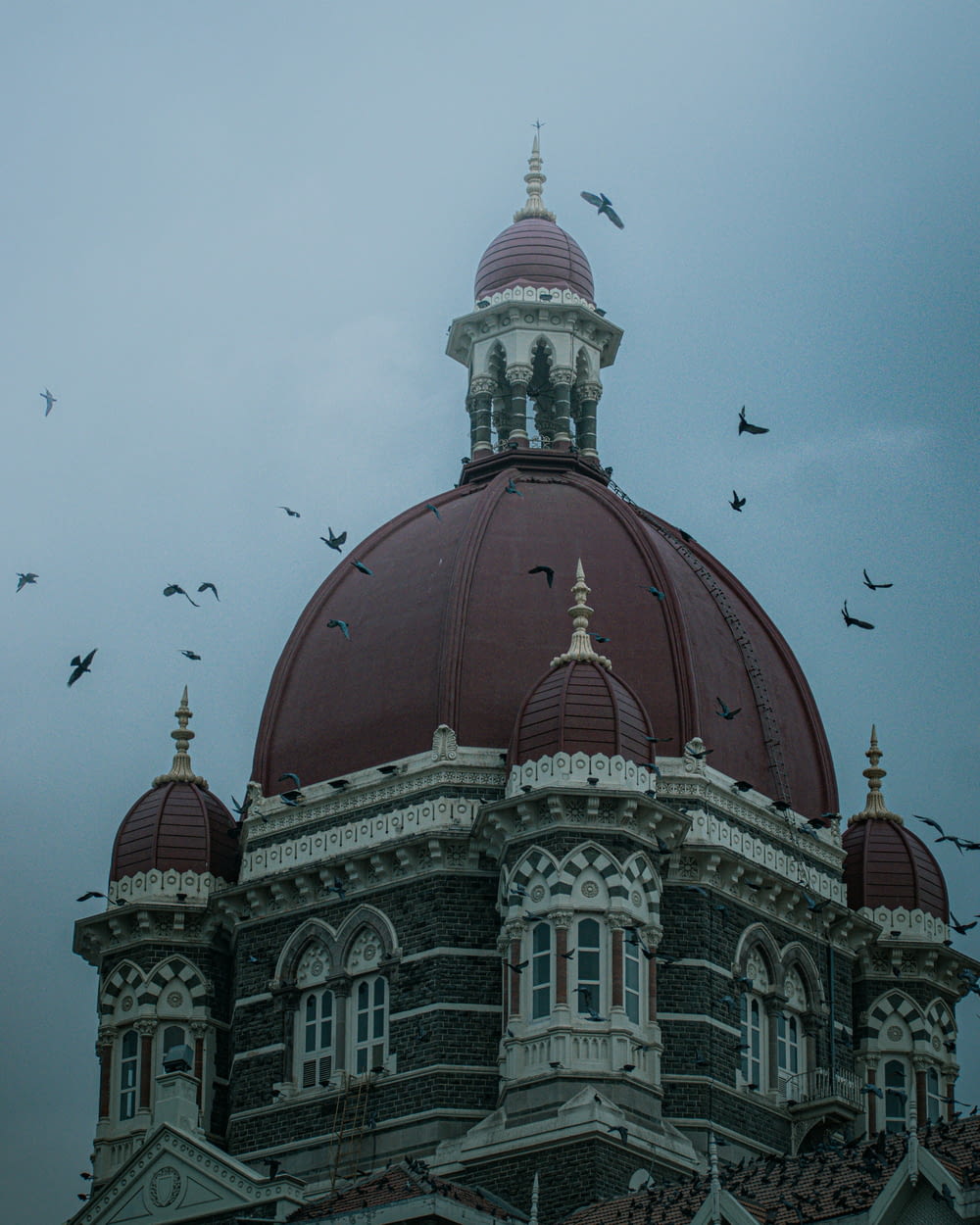 a large building with a dome and birds flying around it