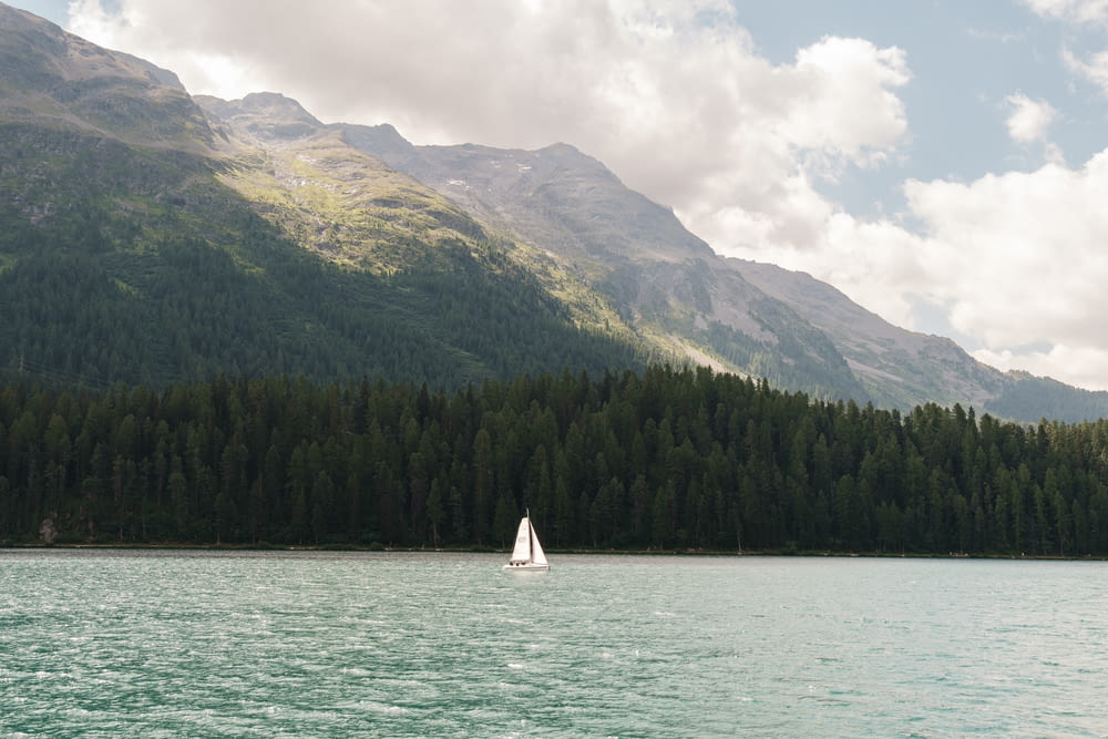 a sailboat on a lake with mountains in the background