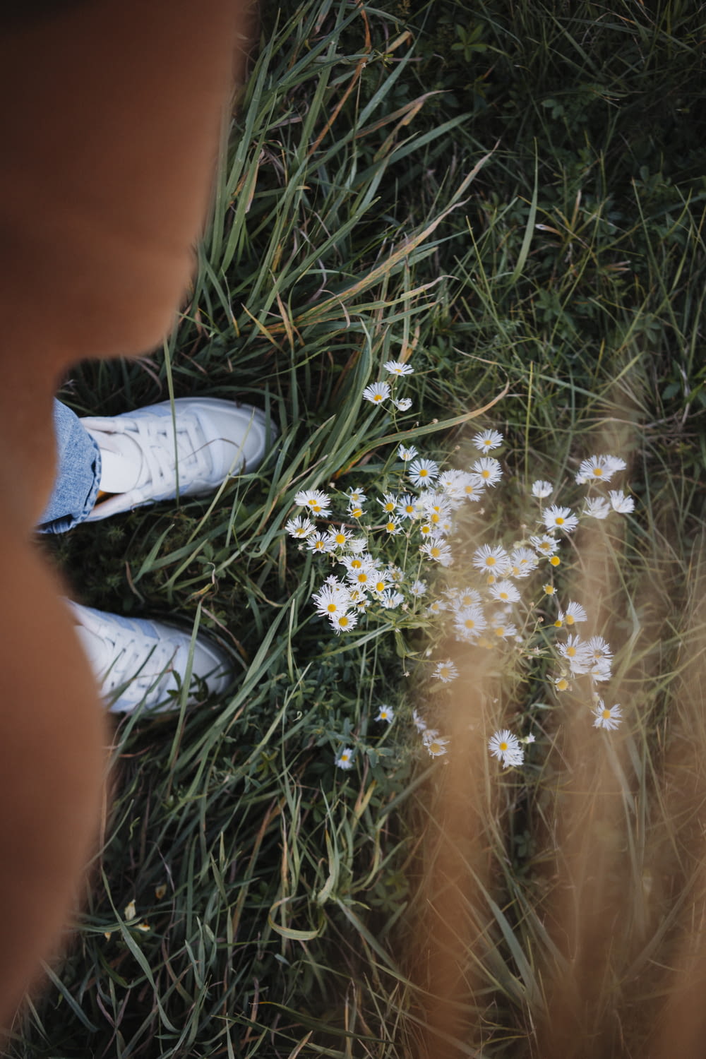 a pair of white shoes sitting on top of a grass covered field