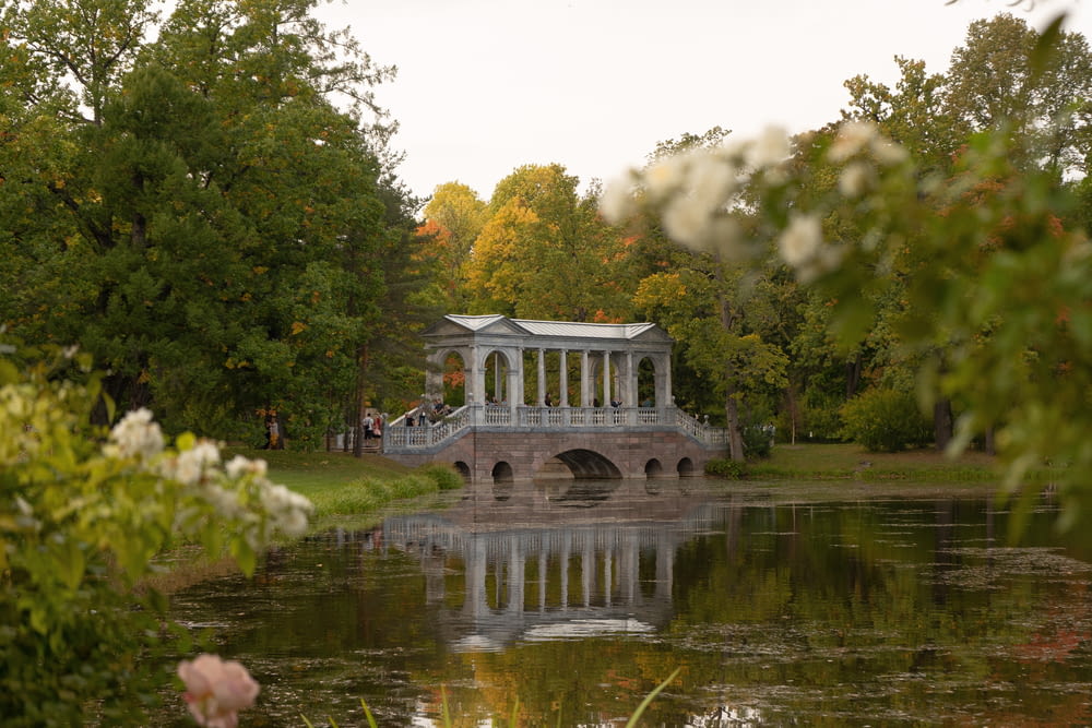 eine Brücke über einen Teich in einem Park