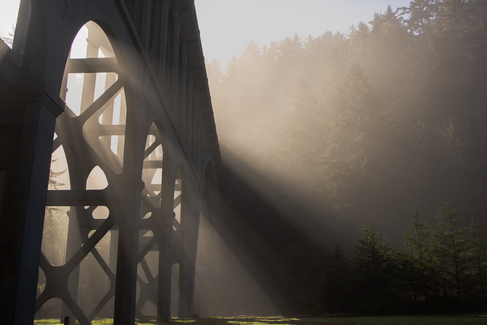 the sun is shining through the fog on a bridge
