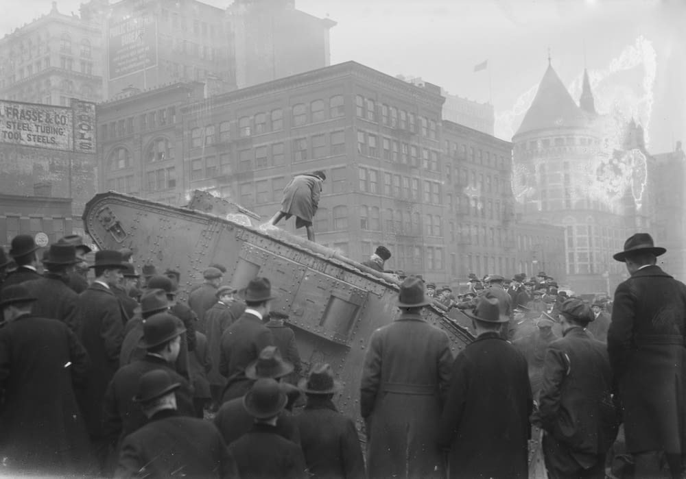 Tank in New York Court House excavation. British tank Britannia which served on the Flanders front in World War I.
