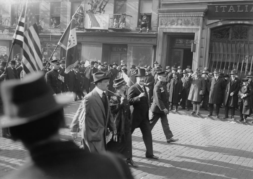 Peace Hurrah. Parade and crowds in streets in New York City after the Armistice of November 11, 1918 which ended World War I in western Europe.