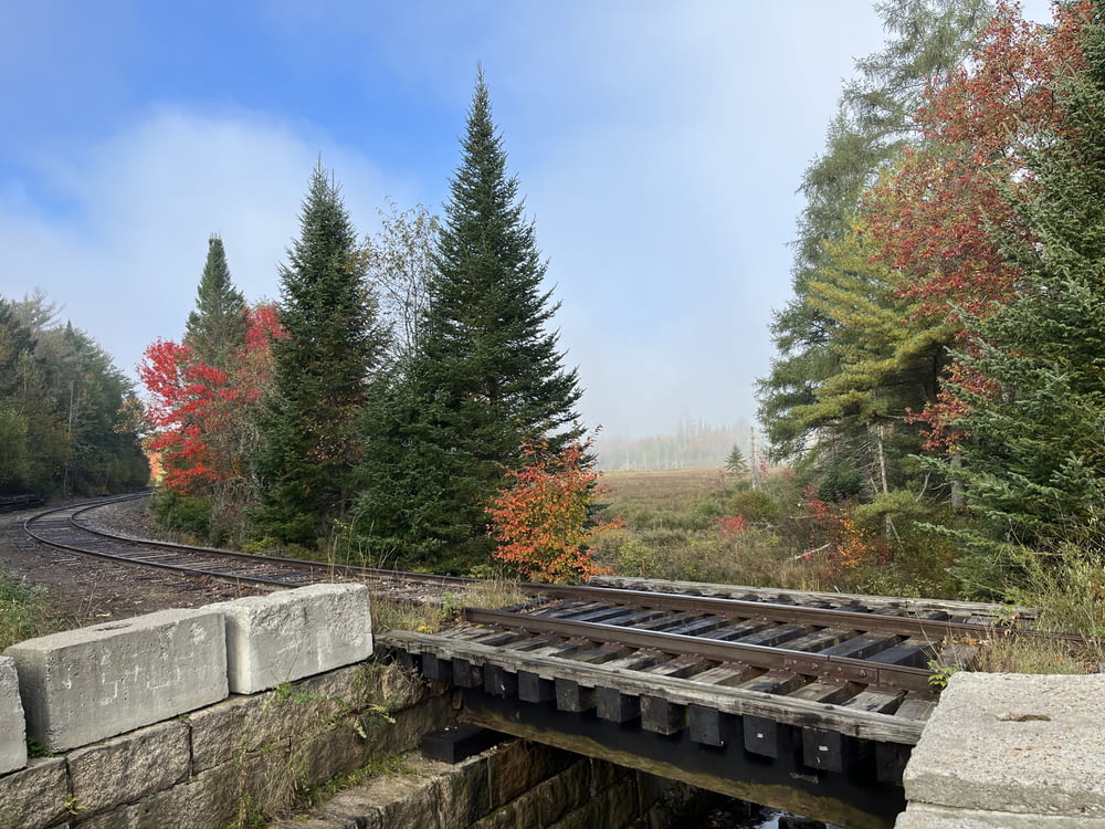 una vía de tren cruzando un pequeño puente